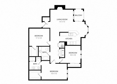 Floor plan for 3 beds, 2 baths, 1244 sqft